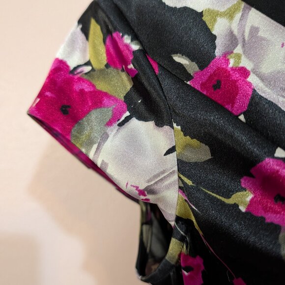 Elegant Floral Satin Midi Sheath Dress - Portrait Neckline Cocktail Event Size 8 - Picture 5 of 10